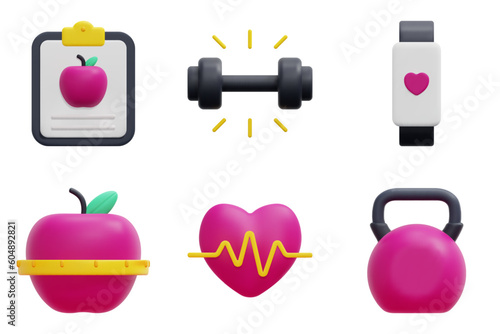 Fitness 3d vector icon set. Diet, dumbbell, fitness watch, healthy, heartbeat, kettlebell. Isolated on white background. 3d icon vector render illustration.