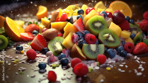 fruit salad spilling on the floor was a mess of vibrant colors and textures. Generative Ai