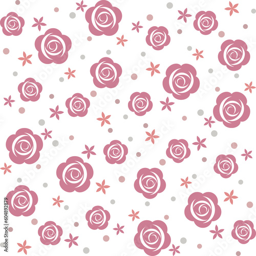 In this seamless pattern, small and large graphic pink roses are decorated with small flowers and circular dots placed on a white background. Make it looks sweet, beautiful and attractive.