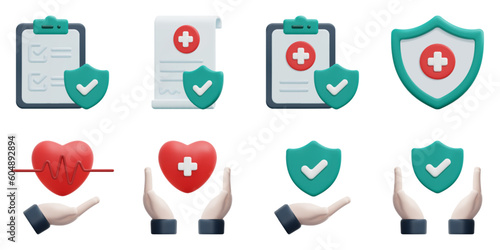 Health insurance 3d vector icon set. Checklist, contract, hand, hands, healthcare, health, medical, shield. Isolated on white background. 3d icon vector render illustration.