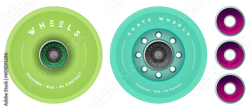 Set of Skate Wheels Design. Longboard Wheels with Bearings. Surfskate. Vector illustration.