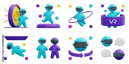 Metaverse 3d vector icon set. Chat, cyberspace, meeting, running, space, virtual reality, virtual space, vr. Isolated on white background. 3d icon vector render illustration.