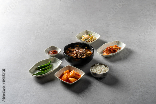 Short rib soup, beef sashimi bibimbap, soybean paste stew, yukgaejang, pork, kimchi jjigae