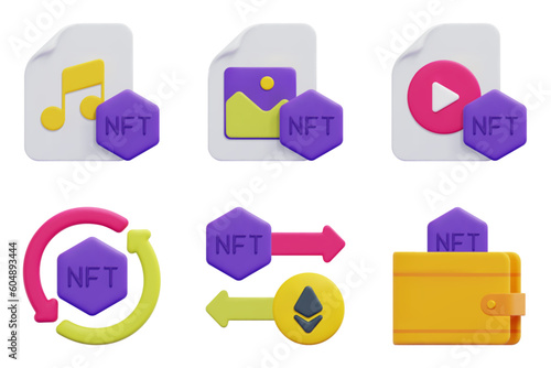 Nft 3d vector icon set. Music, photo, trade, transfer, video, wallet. Isolated on white background. 3d icon vector render illustration.