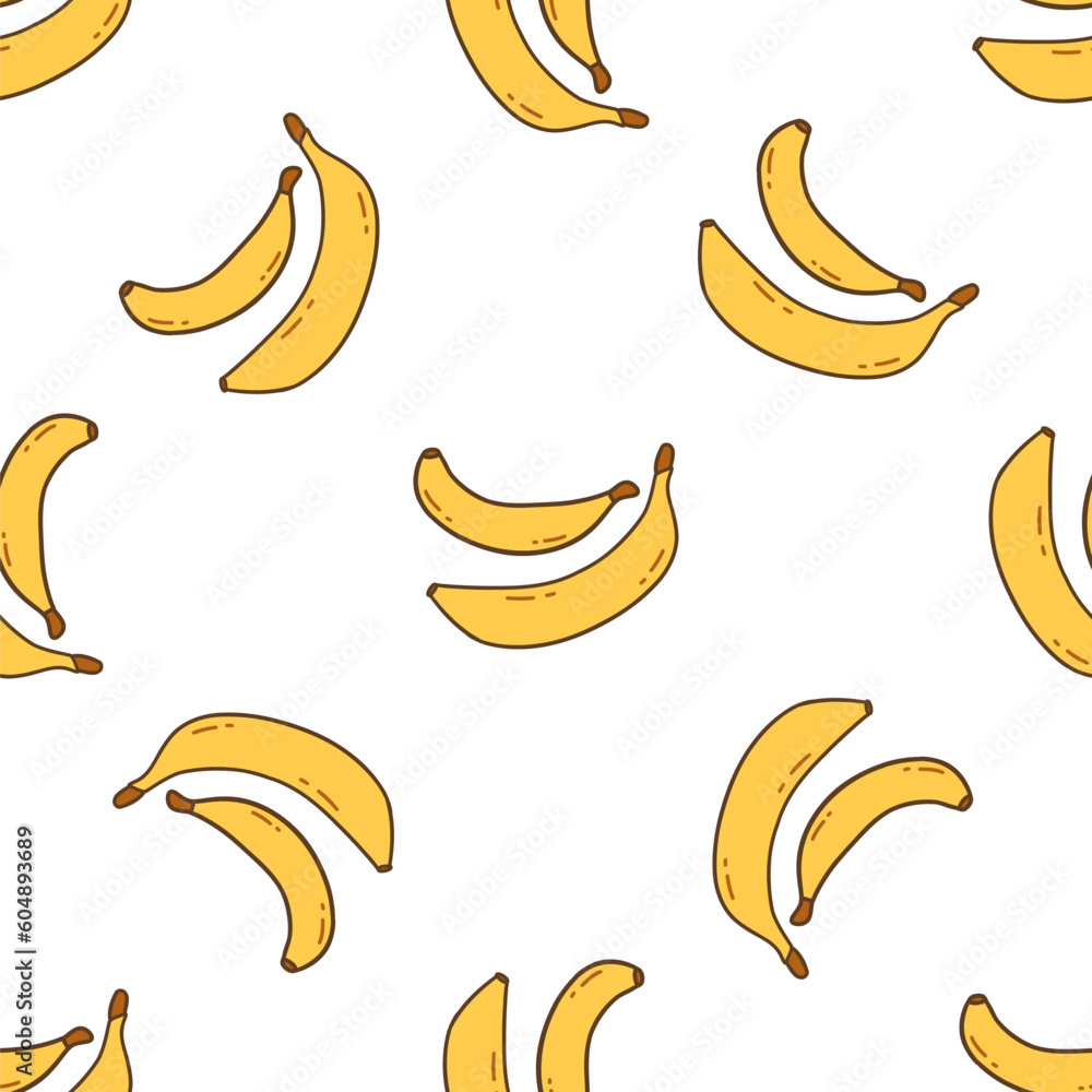 Seamless pattern with yellow banana. White background. Vector illustration hand drawn doodle. Sweet fruit, summer vitamin, vegetarian. Print for wrapping or paper, fabric