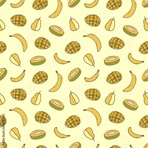 Seamless pattern with ripe mango, banana and pear. Yellow background. Vector illustration hand drawn doodle. Sweet fruit, summer vitamin, vegetarian. Print for wrapping or paper, fabric