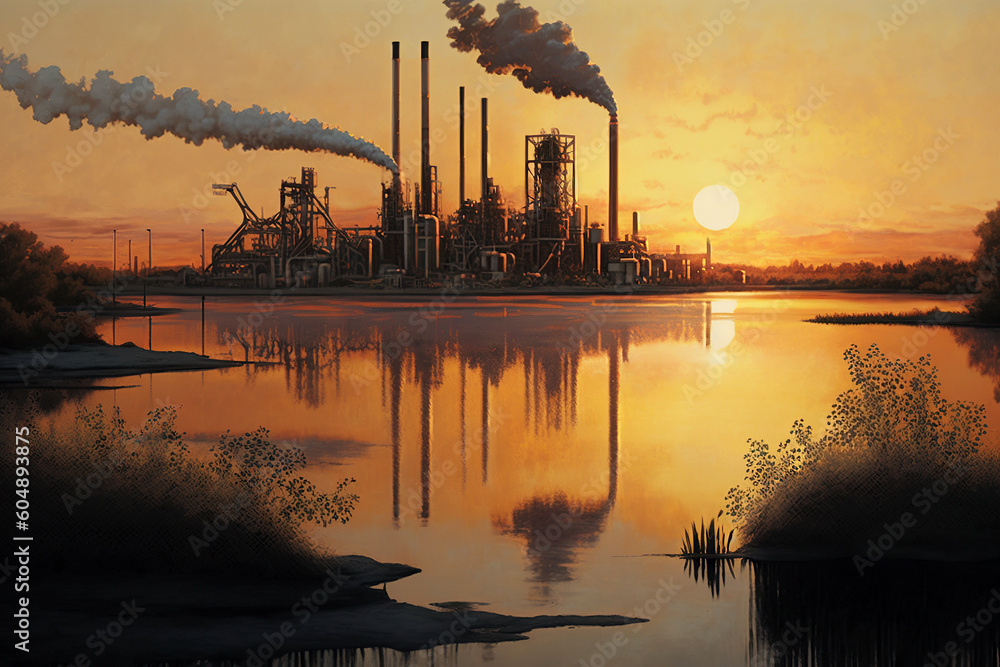 Ai generated illustration oil refinery plant at sunset oil and gas Industrial zone