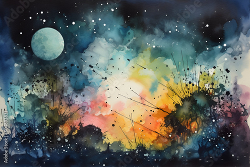 Watercolor colorful abstract space background. Beautiful galaxy AI illustration. Cosmic texture with glowing stars. Night sky.