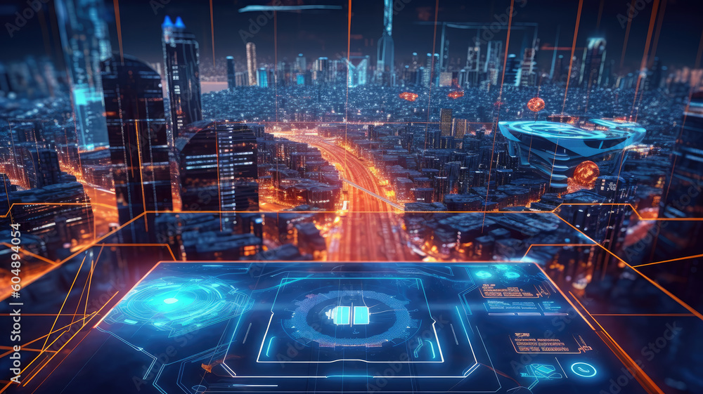 Smart city dot point connect with gradient grid line, connection technology metaverse concept. Night city banner with big data.