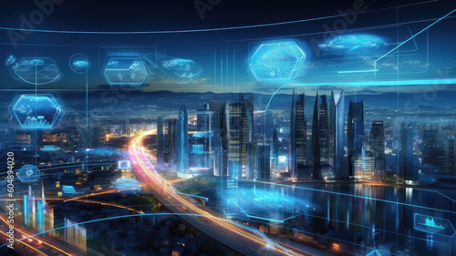 Smart city dot point connect with gradient grid line  connection technology metaverse concept. Night city banner with big data.