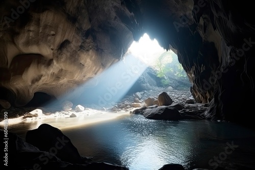 Beautiful cave with water flowing inside. Cave with a river inside