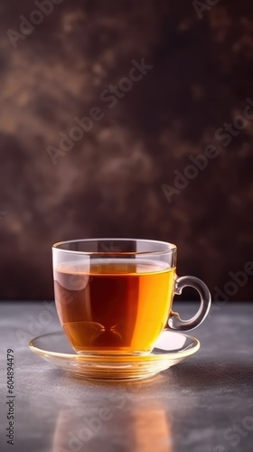 Transparent glass cup with hot steamed tea on dark background copy space. Generative AI