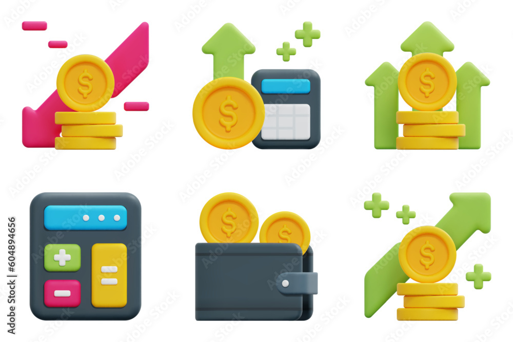 Accounting 3d vector icon set. Calculator, income, loss, profit, revenue, save money. Isolated on white background. 3d icon vector render illustration.