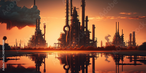 Ai generated illustration oil refinery plant at sunset oil and gas Industrial zone