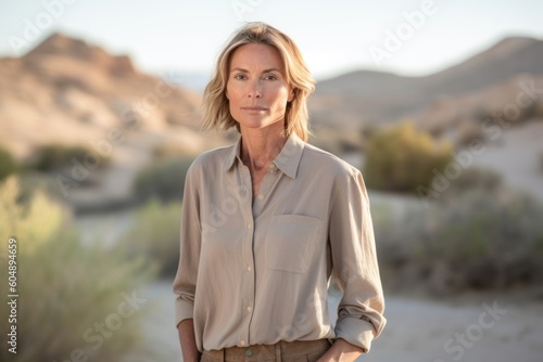 Photography in the style of pensive portraiture of a satisfied mature woman wearing an elegant long-sleeve shirt against a picturesque desert oasis background. With generative AI technology