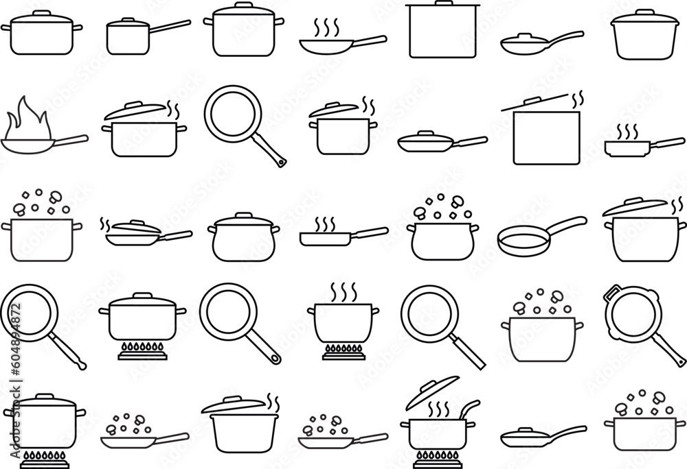 Pot and frying pan line set icon, cooking food logo vector Stock Vector ...