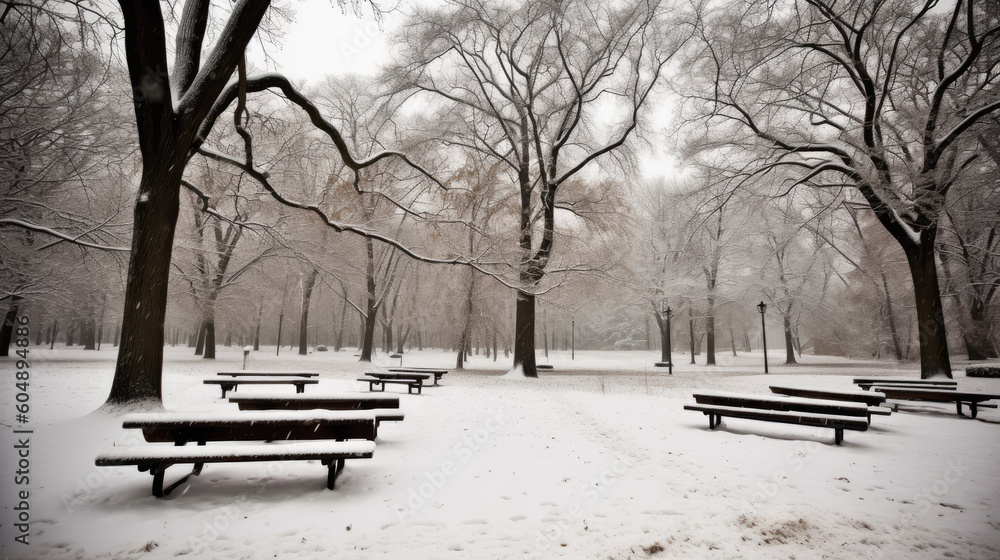 Snowfall covered in a park background