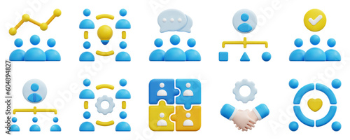 Teamwork 3d vector icon set. Analytic, brainstorm, chat, coordination, group, structure, support, team, teamwork, unity. Isolated on white background. 3d icon vector render illustration.