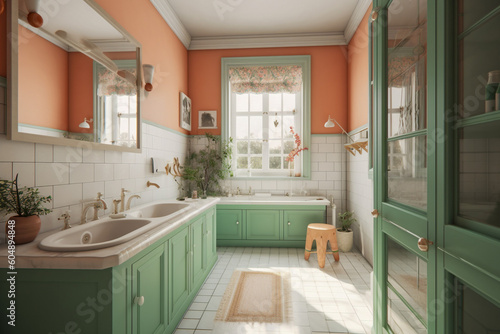 Modern cozy bathroom  classic interior design with light coral  green and white colors. Super photo realistic background  generative ai illustration