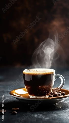 Hot coffee mug with steam and coffee beans close up copy space isolated on dark background created by Generative AI