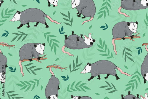 Seamless pattern with cute opossums and leaves. Vector graphics.