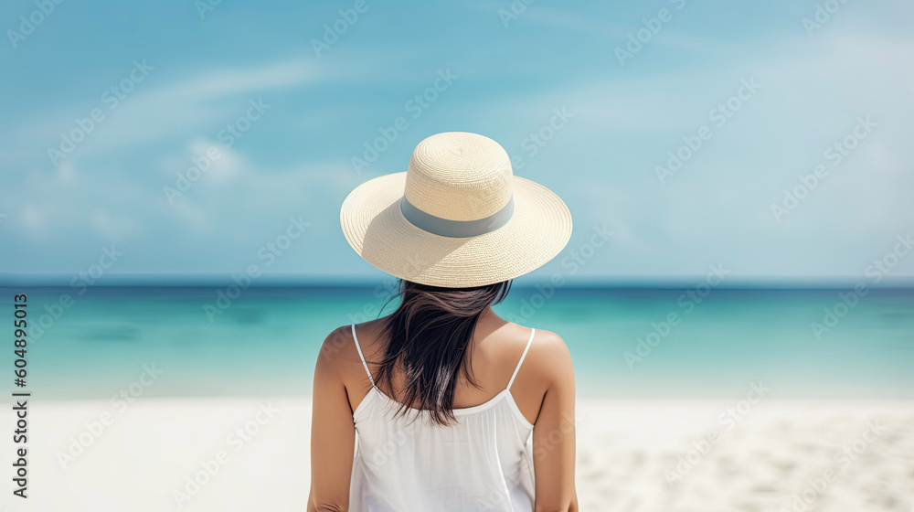 Tanning woman wearing sun hat at the beach on a vacation Tanning woman wearing sun hat at the beach on a vacation