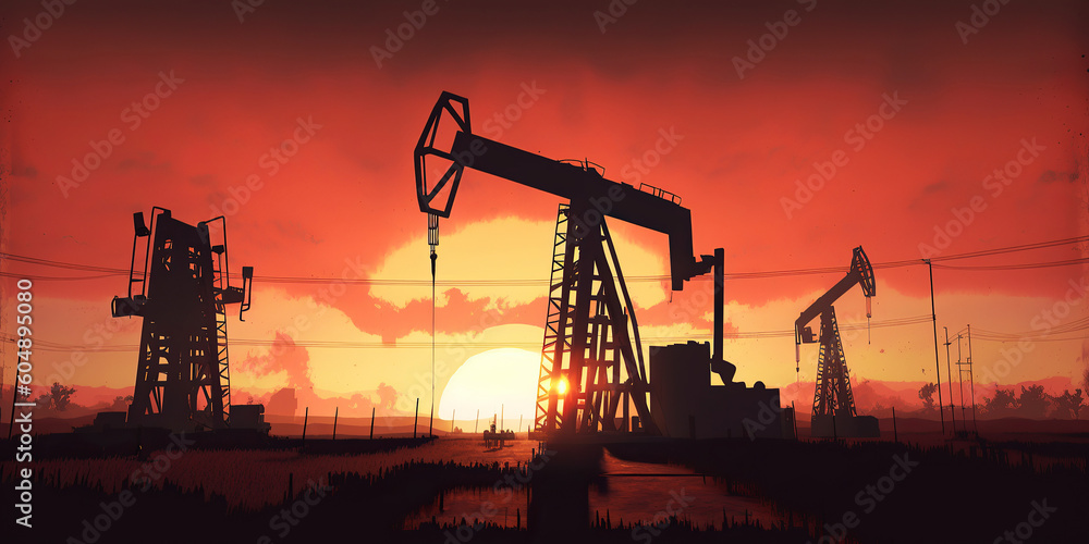 Ai generated illustration  silhouette of a rig at the backdrop of stunning orange sunset