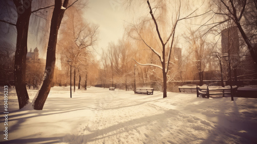 Winter park in snow sunny day Retro colours background