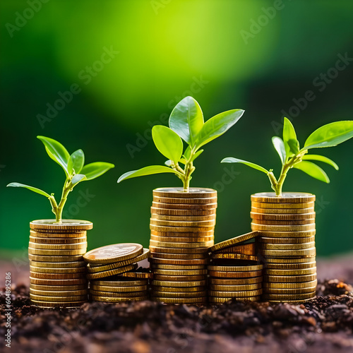 Profitable Seeds: Coin Stacks with Sprouting Seedlings, a Visual Representation of Finance and Investment