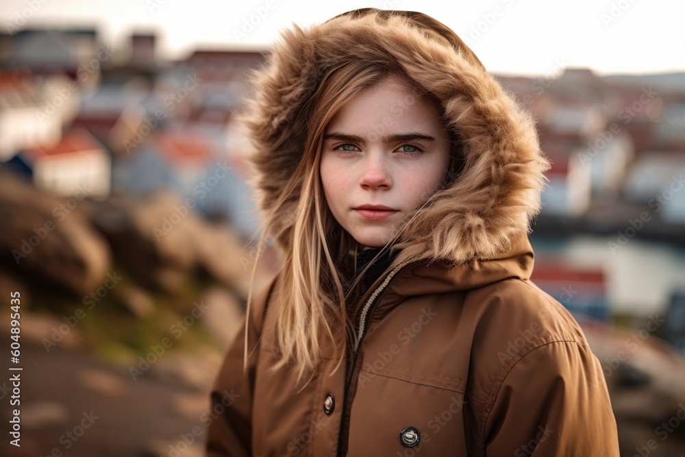 Environmental portrait photography of a glad kid female wearing a warm parka against a scenic cliffside village background. With generative AI technology Environmental portrait photography of a glad kid female wearing a warm parka against a scenic cliffside village background. With generative AI technology