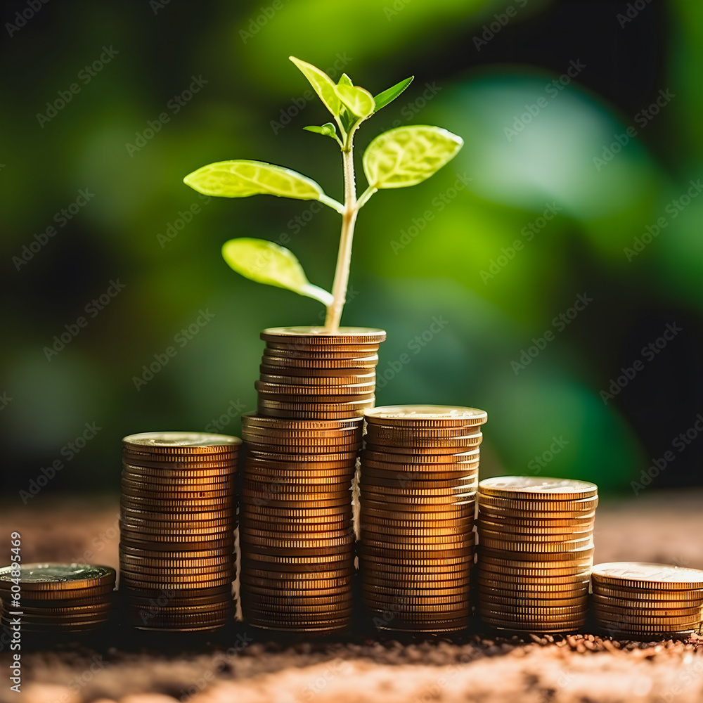 Profitable Seeds: Coin Stacks with Sprouting Seedlings, a Visual Representation of Finance and Investment Profitable Seeds: Coin Stacks with Sprouting Seedlings, a Visual Representation of Finance and Investment