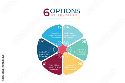 Infographics template 6 options with circle. Data and information visualization. Dynamic infographics stylish geometric. element for design business invitations, gift cards, flyers and brochures