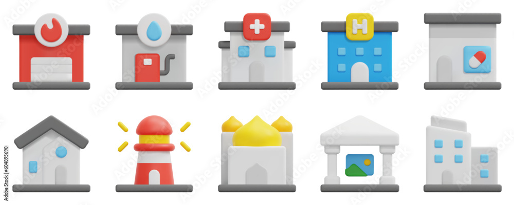 Buildings 3d vector icon set. Fire station, gas station, hospital, hotel, house, lighthouse, mosque, museum, office, pharmacy. Isolated on white background. 3d icon vector render illustration. Buildings 3d vector icon set. Fire station, gas station, hospital, hotel, house, lighthouse, mosque, museum, office, pharmacy. Isolated on white background. 3d icon vector render illustration.