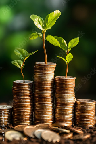 Growing Money: Seedlings Sprout on Coin Stacks, Illustrating the Concept of Financial Growth