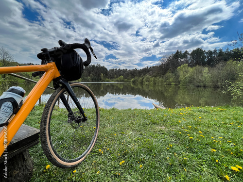 Gravel bicycle in the city park on the spring season