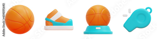 Basketball 3d vector icon set. Ball, shoes, trophy, whistle. 3d basketball and equipment concept. Isolated on white background. 3d icon vector render illustration.