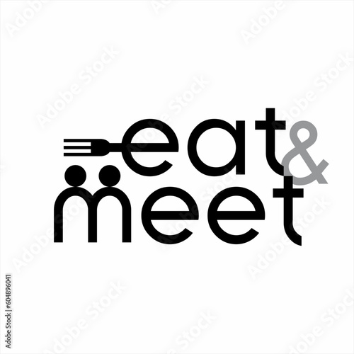 The word “eat and meet” design with the fork symbol in the word eat and the human meeting symbol in the word meet.