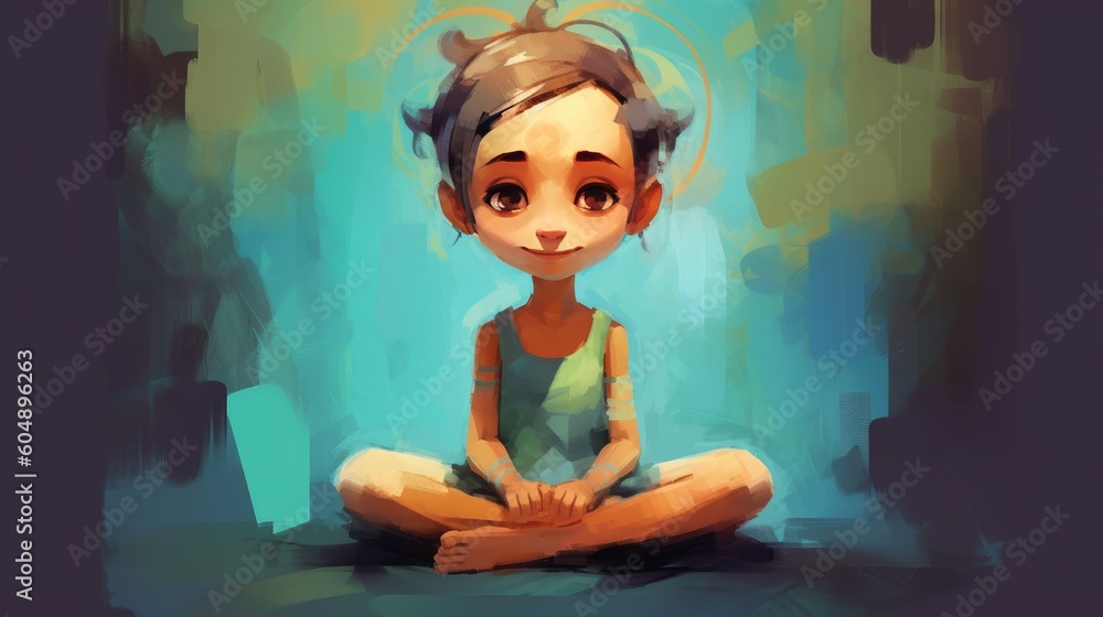 Naklejka premium Cute girl creature in meditation pose cartoon style illustration generative ai