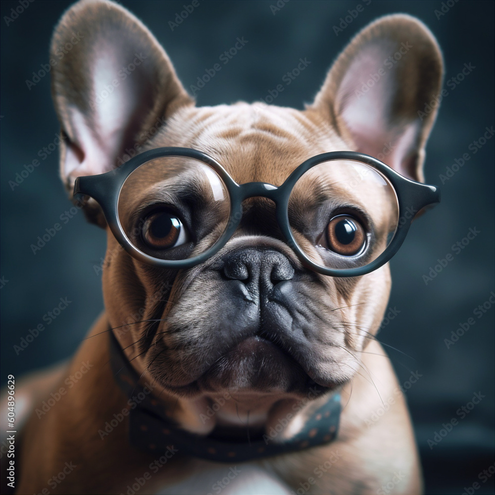 Cute french bulldog with surprised eyes in glasses with smile. AI generated. Cute french bulldog with surprised eyes in glasses with smile. AI generated.