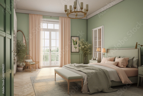 Modern cozy bedroom, classic interior design with light coral, green and white colors. Super photo realistic background, generative ai illustration © Anna
