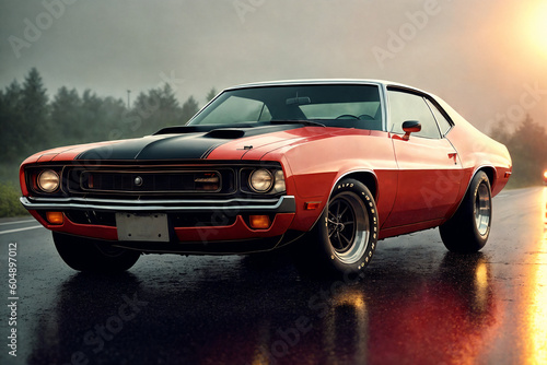 1970s american vintage muscle car on the road