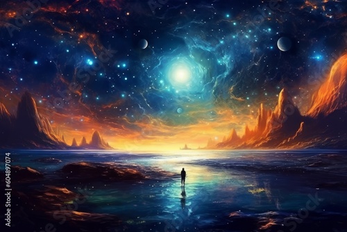 Amidst cosmic wonders, a figure walks in celestial waters. Surreal scene with a starry sky, crescent moon, meteor shower, and captivating nebulas on an alien planet. Generative AI
