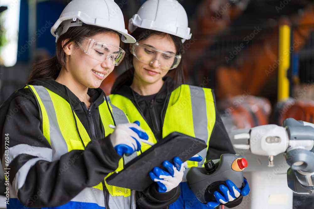 Obraz premium A team of female engineers meeting to inspect computer-controlled steel welding robots. Plan for rehearsals and installation for use.