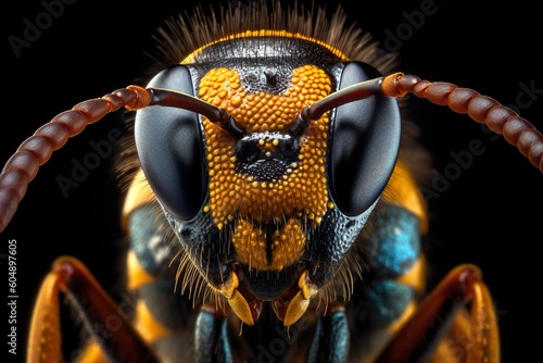 Macro shot of the head of a hornet on a black background, a detailed capture made possible by Generative AI © CreativeCanvas