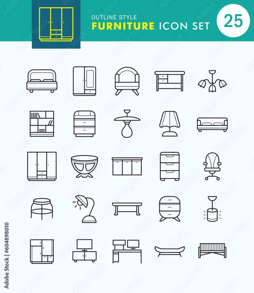 Set of Furniture Icon Outline Style. Cupboard, Table, Kitchen, Bed. Set of Furniture Icon Outline Style. Cupboard, Table, Kitchen, Bed.