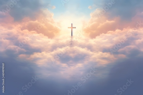 A cross breaking through the clouds, embraced by tranquil sky-blue and resplendent golden tones, generative ai