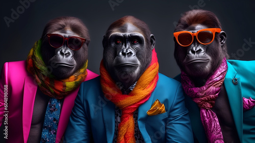 . Gang family of gorilla in vibrant bright fashionable outfits, commercial, editorial advertisement, surreal surrealism. Group shot. Generative AI