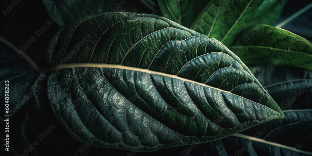 Obraz premium Closeup jungle, tropical green leaf. Macroshoot of green leaves. tropical forest plant. Natural botanical background, banner, cover. Generative ai.