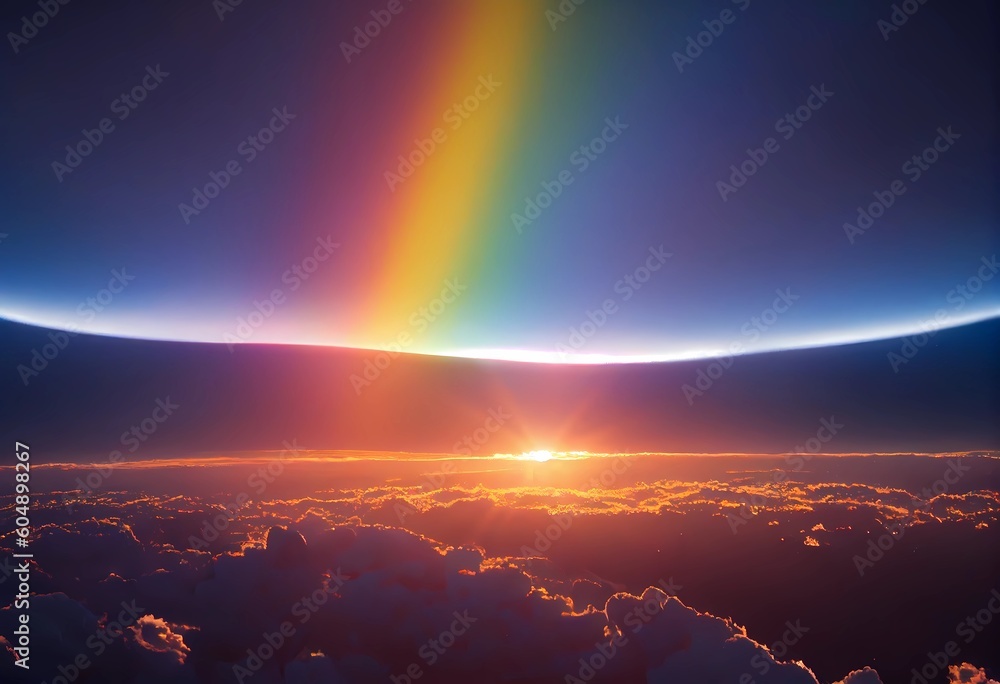 Stunning rainbow over violet purple cloudy sky as panoramic high altitude shot. Dawn early morning sunrise from a satellite above earth with space. Phenomenon full spectrum rainbow. Generative ai.