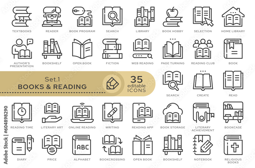 Set of conceptual icons. Vector icons in flat linear style for web sites, applications and other graphic resources. Set from the series - Books and REading. Editable outline icon.
Set of conceptual icons. Vector icons in flat linear style for web sites, applications and other graphic resources. Set from the series - Books and REading. Editable outline icon.